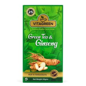 VITAGREEN Natural Green Tea & Ginseng Herbal Tea - Rich In Antioxidants (25 Enveloped Tea Bags) 