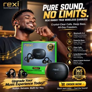 REXI RWB01 Bluetooth 5.4 Wireless Earbuds – Deep Bass, Crystal Clear Calls, Long Battery Life, Secure Comfort Fit with 365-Day Warranty