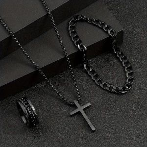 Men Black Necklace Ring Set
