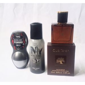 Perfume COmbo  3 in 1 of Tag Turbo roll on 50ml, New York NYC Body Spray 100ml and Oud Torch EDP 25ml brown (Unisex Use) NAFDAC NUMBER:  Tag roll on: A2-105054,  New York spray: 02-9456,  Oud Torch EDP : A2-6497
