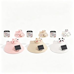 Children's cartoon solar-powered fan sun hat. A wide-brimmed, open-top hat featuring a small fan, suitable for outdoor summer use by children. Colors shipped at random.