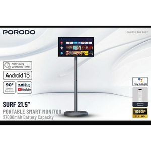 Porodo Surf 21.5'' Portable Smart Monitor – Android 15, 1080P Full HD, 27000mAh Battery, 90° Rotating Screen