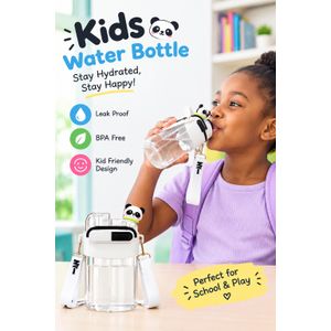 Top Rate Cute Panda Dual-Compartment Water Bottle – 2-in-1 Dual Drinking Straw Cup with Adjustable Shoulder Strap for Kids, School & Outdoor Travel