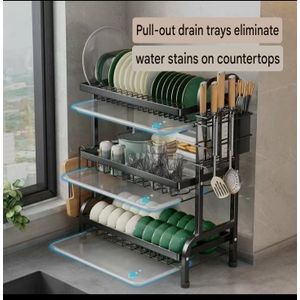 3-Tier Metal Dish Drying Rack With Utensil & Cup Holder - Large Capacity 