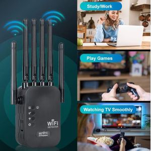 WiFi signal extender, dual-band home WiFi extender, black with 6 antennas, internet signal booster, 6x faster speed, WiFi repeater coverage up to 10,000 square feet, supports up to 65 devices simultaneously (black)