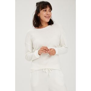 Defacto Woman Relax Fit Crew Neck Long Sleeve Homewear Knitted Tops - Ecru