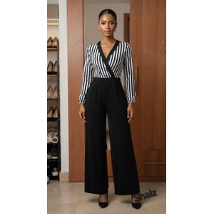 Chic Black and White Striped V-Neck Long Sleeve Jumpsuit for Women