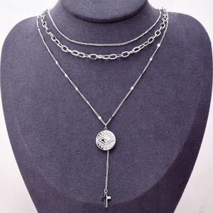Layered Cross Pendant Necklace- Silver