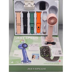 AS15PLUS 7-in-1 Smart Watch Set With Airpods, 4 Straps, Wireless Charger & Mini Fan - For Men & Women