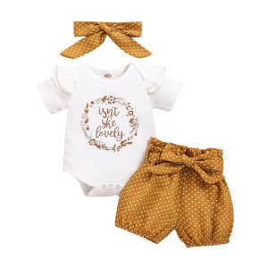 Baby Girls Outfit Set Letter Short Sleeves Bodysuit Polka Dot Shorts Headband
