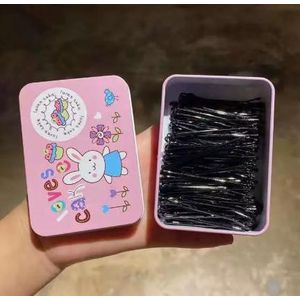 200pcs/box Women Daily Hair Styling Flat Bobby Pins Set, Rustproof Straight Black Hair Pins with Cartoon Storage Tin