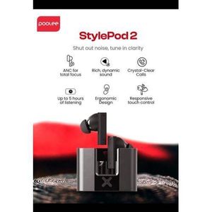 POOLEE StylePod 2 – ANC Wireless Earbuds with ENC Clear Calls, Premium Metal Case & 5-Hour Playtime – Grey/Black