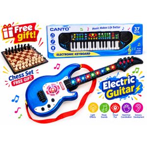 3-in-1 Kids Musical Toy Guitar & Piano Keyboard with Lights & Sounds + Free Chess Set