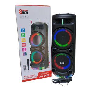 8000W double 8 inches rechargeable Bluetooth speaker with 1 wire microphone, multi media options, remote control and type c cord charging option 
