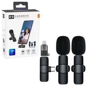 K9 Dual Wireless Lapel Microphone Lavalier Mic TYPE-C Android Phones IPhone + IOS Adapter