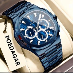POEDAGAR Sophisticated Nicety Stainless steel With Blue Bezel Working Chronographs Wristwatch Design For Comfort And Durability Men Standard
