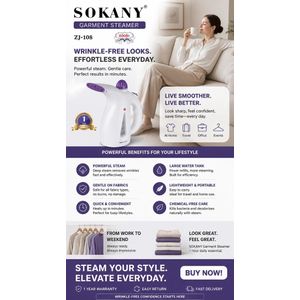 Sokany Garment Steamer ZJ-108 – 800W Power, Quick Heat-Up, Large Water Tank, Portable Design, Chemical-Free Fabric Care