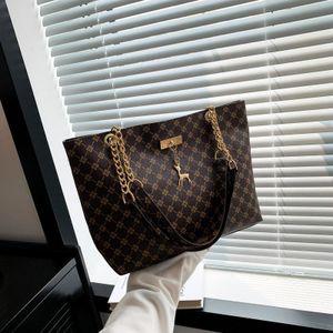 Vintage Monogram Tote Bag, Metal Chain Shoulder Bag with Deer Charm, Large Capacity for Work