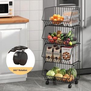 Anti-rust 4-Layer Vegetable Basket Kitchen Fruit Storage Basket Rack, Stackable Wire Food Trolley, Kitchen Storage Basket Kitchen Organizer - Shelf Unit Wheel Mesh Storage Basket - Large Vegetable Rack for Kitchen on Wheels, Crisps/Candy/Bread