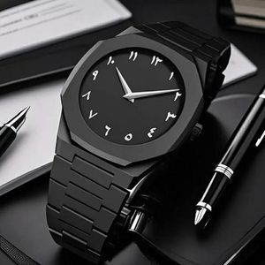 Arabic Silver Dial Design Black Wrist Watch for Men Black
