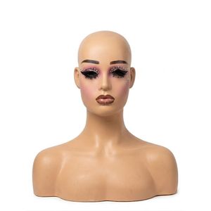 Realistic Female Shoulder Mannequin Head with Full Glam Makeup, Eyelashes For Wigs 