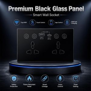 Premium Black Glass Panel Dual-Gang Smart Wall Socket (Tuya Wi-Fi with 20W USB-A / USB-C Fast Charging)