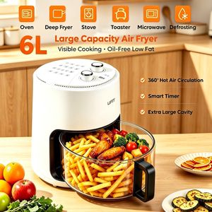 6L Visible Glass Air Fryer - Oil-Free Healthy Cooker with 360° Rapid Air Circulation, Mechanical Knob Control, Dishwasher Safe, White