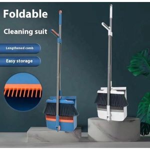 foldable handle standing broom and dustpan set featuring a built-in comb on the dustpan for cleaning pet hair and debris off the bristles