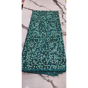 darker teal-green Embroidered Sequin Lace Fabric – and lighter turquoise  Floral Pattern for Asoebi 