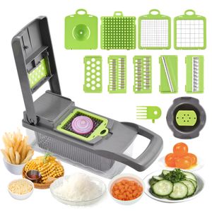 1Pc Green Black 12 in 1 Multifunctional Vegetable Slicer Cutter Shredders  Slicer With Basket Fruit Potato