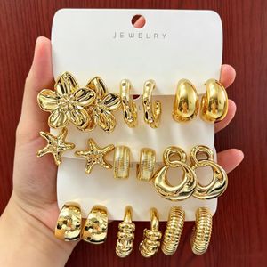 9-pair multi-style combination earring set, flowers, starfish, geometric patterns, suitable for women to wear at daily gatherings.