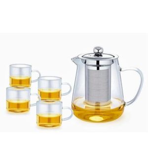 Clear glass teapot and coffee maker set with removable strainer and four matching cups 