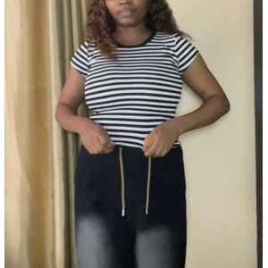 Striped Black Round Neck Short Sleeves Top