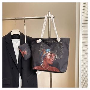 ASHION Black African Cartoon Canvas Large Tote Bag