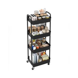 ShebSheb 4 Tier Rolling Cart Organizer, Plastic Rolling Cart with Wheels & Reinforced Handle, Lightweight Utility Cart Storage Rack for Nursery, Kitchen, Bathroom, Craft Room (Black)