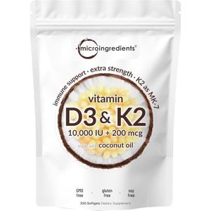 SUPPLEMENT NEEDS  Vitamin D3 10,000 IUK2 MK-7 200 mcg, 300 Softgels with Virgin Coconut Oil 2-in-1 Vitamins D & K Complex  Extra Strength Easy to Swallow