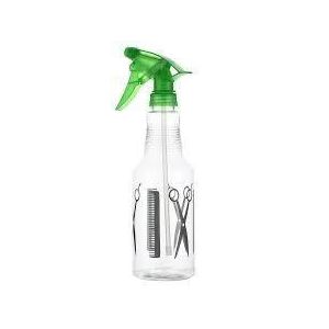 Hair Care Refillable Plastic Hairdresser Spray Bottle With A Green Trigger Nozzle And Graphic Scissor-And-Comb Prints