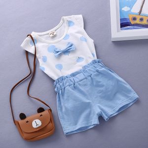 Girls Cartoon Apple Print T-Shirt + Short Cotton Suit - Blue