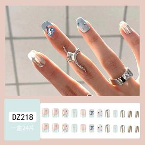 Baolihua 24PCS Wearing Nails Blue & Silver Press On Nails - Short Square Nails with Heart Rhinestone, Reusable Nails for Women