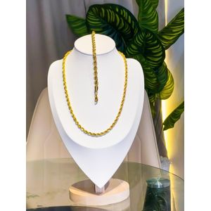Steel Unisex Gold Rope Chain Necklace & Matching Bracelet Set - Gold Plated Jewelry