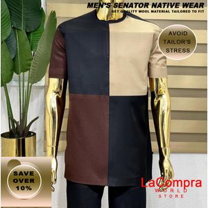 Men's Senator Native Wear Dark Navy Blue With Light Brown And Brown Block Design Short Sleeve