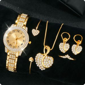 6PC Women Quartz Gold Rhinestone Watch Bracelet Ring Necklace Gift Set