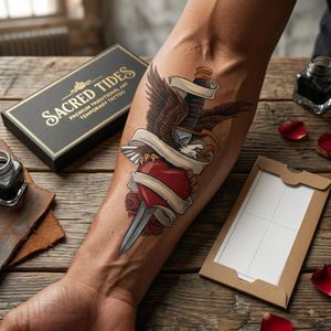 Vintage American Traditional Tattoo Sticker – Eagle & Pierced Heart Temporary Tattoos