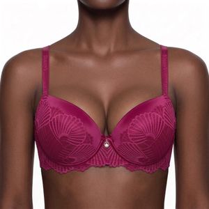 Binnys Artistic & Supportive Ruby Red Bra,Fixed Padded Underwire Bra, with Shell Lace & Scalloped Trim, Women's Full-Coverage Adjustable Strap, Breathable Mesh Daily Work Bra 