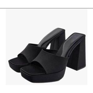 Fashion Boutique Black Satin Leather  Square Toe Platform With Mule Chunky Heels