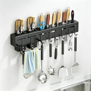 Black Wall Mount Kitchen Shelf: Utensil Drainer & Chopstick Rack