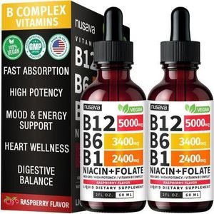 Nusava  (2 Pack) Vitamin B12 and B6 Liquid Drops, B12 Sublingual Vitamin B Complex - B 12 Vitamin 5000mcg - B12 Methylcobalamin for Energy, Brain, and Heart Support with 27,200 mcg, Raspberry, 80 Servings Brown