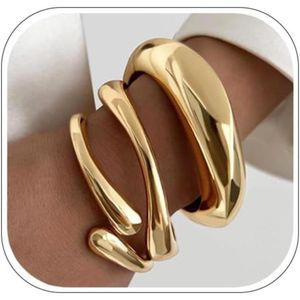 Chunky Gold Open Cuff Bangle for Women, Irregular Wave Texture Statement Bracelet