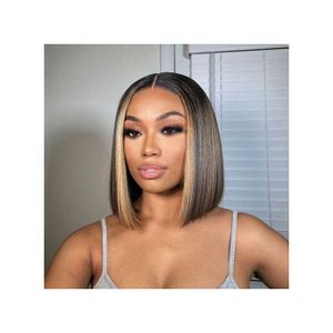 WOWANGEL Highlight Straight Short Bob Wig HD Lace Closure Glueless Wig - 12inches