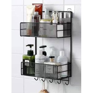 2 Layer Wall Mounted Mesh Bathroom Rack - Shower Caddy Organizer with Hooks